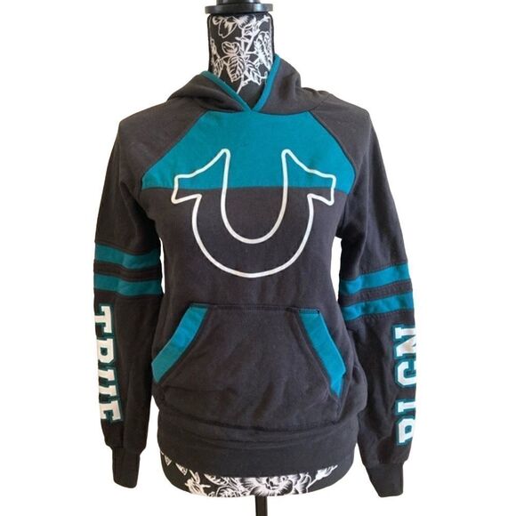 True Religion Pullover Hoodie Stripes Casual Sporty Athletic Colorblock Buddha - Picture 1 of 6